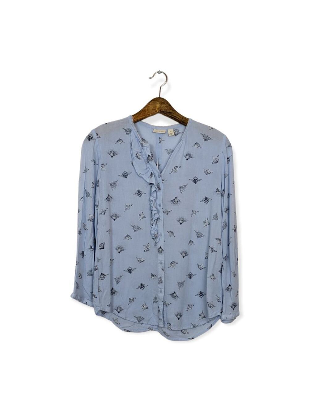 Hinge Baby Blue Floral Back Slit Button Down Ruffle Top